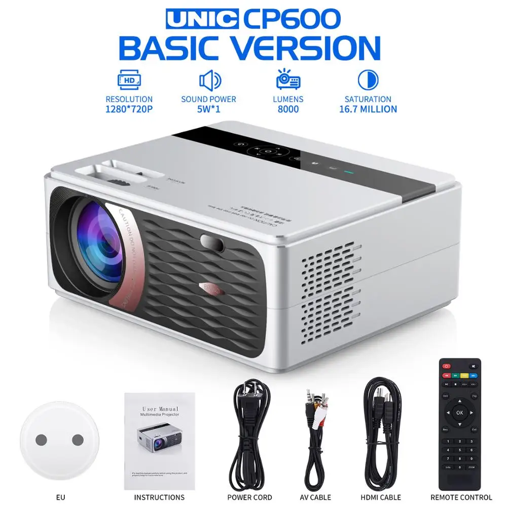 Basic EU plug UNIC CP600 55 Вт Full HD 1080P проектор 4K 8000 Люмен кинопроектор проектор для Android WiFi hdmi VGA AV USB порт - Цвет: Basic EU plug
