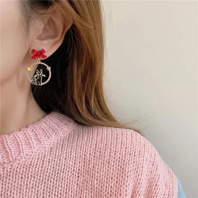 Japanese Witch Black Cat Clip on Earrings No Piercing Funny Cartoon Bow Cat Clip Earrings Without Pierced Ears for Women Girls 4