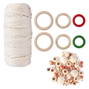 

63 Pcs m 109 Yards Kit with Natural Cotton Rope Wood Beads Wood Ring for Crafts DIY Plant Hangers