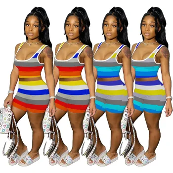 

Adogirl Casual Color Striped Two Pieces Set Sexy O Neck Sleeveless Tank Crop Top Skinny Shorts Suit Fashion Tracksuit Outfits