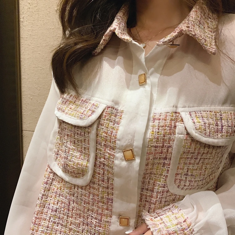 Модная новинка, тонкая тканая клетчатая куртка из органзы+ юбка с высокой талией, комплект из двух предметов