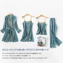 Халат и платье Набор для женщин вышивка золотой бархат пижамы Сексуальная Домашняя одежда теплая зимняя ночная рубашка Банный ха