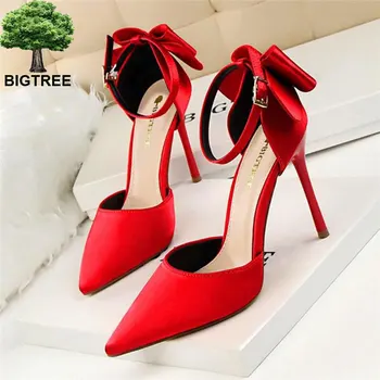 

BIGTREE Sweet Bowtie Buckle Sandals Women Autumn Fashion Solid Silk Shallow Sandals Sexy Pointed Toe Women's High Heels Shoes