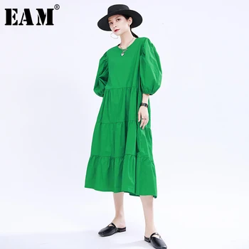 

[EAM] Women Green Pleated Split Joint Long Dress New Round Neck Puff Sleeve Loose Fit Fashion Tide Spring Summer 2020 1U386