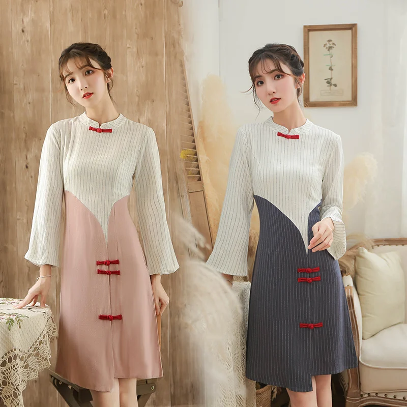 Осеннее новое оригинальное платье в национальном стиле qipao с отстроченными пуговицами, 7 минут, с рукавами, развивающее нравственное платье