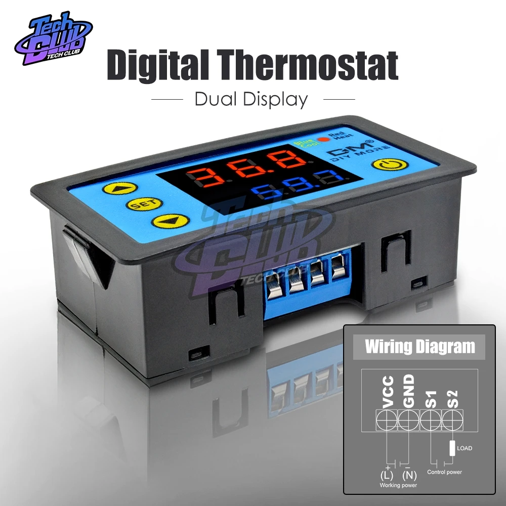 

DC 12V Thermostat Dual Digital Display Intelligent Temperature Controller Thermometer Control +NTC Sensor Module W3231