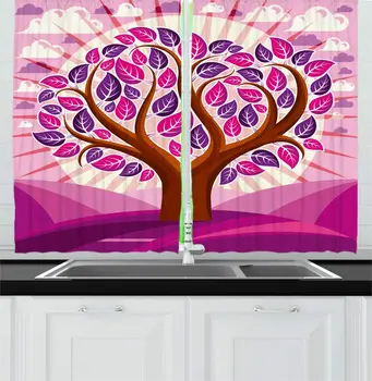 

Magenta Redwood Tree Kitchen Curtains Surreal with a Landscape Setting on The Background for Kitchen Cafe Decor