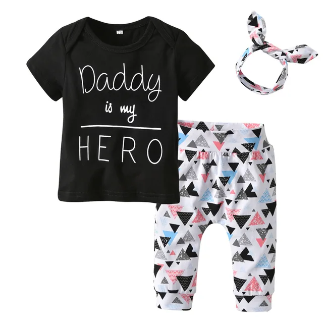 Summer Newborn Infant Baby Girl Clothes Daddy is my Hero Short Sleeve T-shirt Tops+Pants+Headband Toddler Outfits Set 2