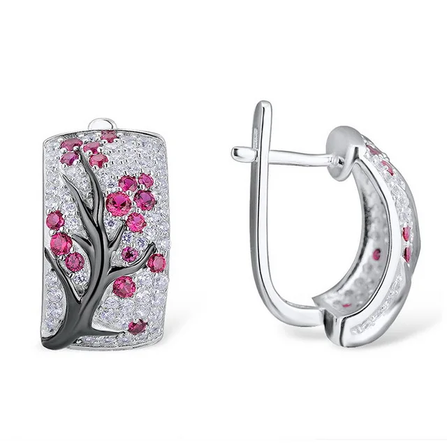 red earrings Модные серьги-кольца серебряного цвета, Винтажные серьги в виде цветка сливы с кристаллами, циркониевые серьги красного и зеленого цвета, Женские Ювелирные изделия Brincos Z4E782 - Окраска металла: red earrings