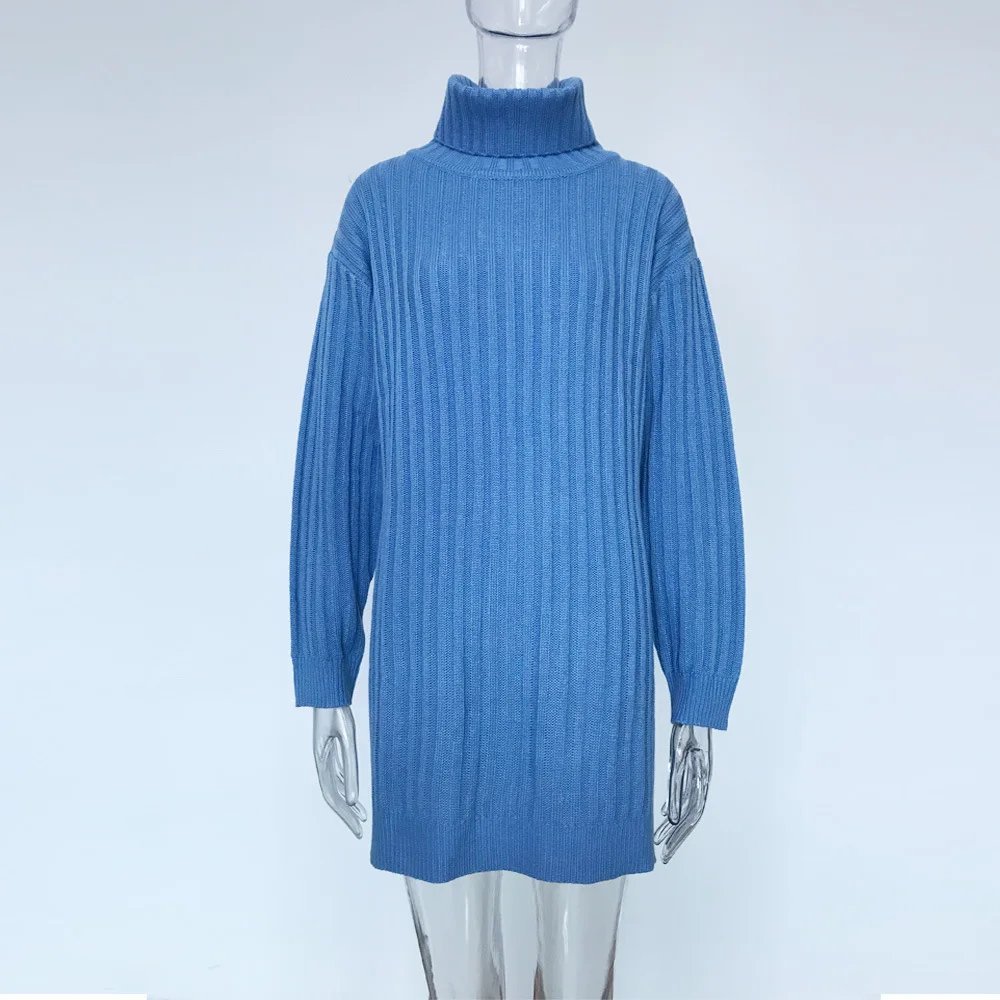 Криптографический длинный свитер, платье для женщин, Свободный Полосатый раздельный вязаный пуловер с высоким воротом, свитера, зима - Цвет: blue