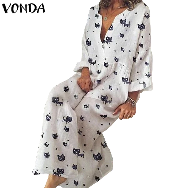 VONDA/ Летнее Длинное Платье с принтом, повседневное, с v-образным вырезом, с длинными рукавами, с животным принтом, макси, платья для беременных, богемное, Vestidos Femme Robe