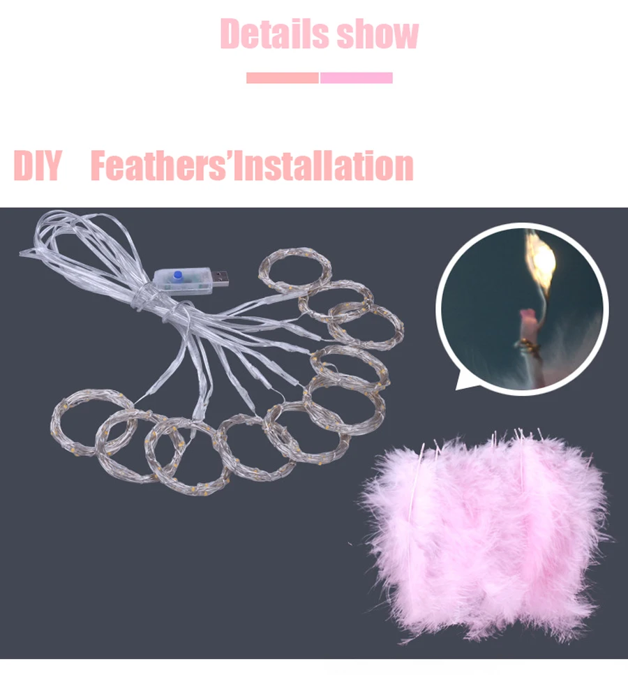 Led Strip Light Feather String Light Fairy Curtain Light Copper Wire For Bedroom Room Ins Style Romantic Decoration Lamp QW159 (2)