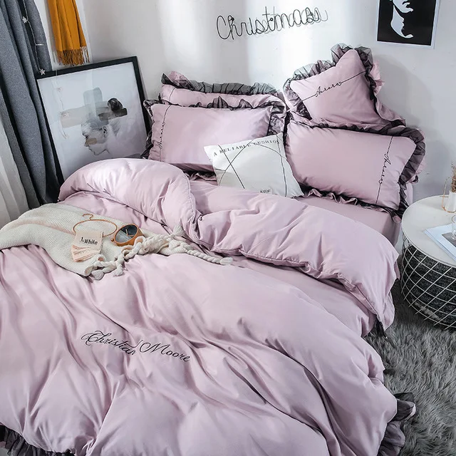 Light Purple Комплект постельного белья из хлопка с кружевной отделкой, серое, коричневое одеяло/пододеяльник, простыня, Комплект постельного белья Ropa De Cama Parrure De Lit - Цвет: Light Purple