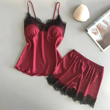 

2020 Casual Satin Pajamas Set Women Sexy V Neck Sleep Clothes Underwear Comfortable Cami Top + Shorts Home Wear