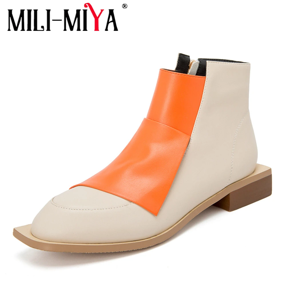 

MILI-MIYA New Design Women Mixed Color Cow Leather Zipper Comfortable Square Heels Waterproof Handmade For Ladies Big Size 34-41
