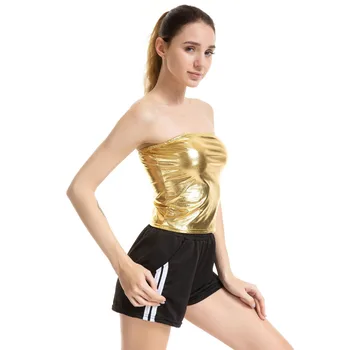 

Ensnovo Women Liquid Metallic Strapless Tube Tank Tops Sexy Bandeau Clubwear Holographic Shiny Wetlook Leather Party Top