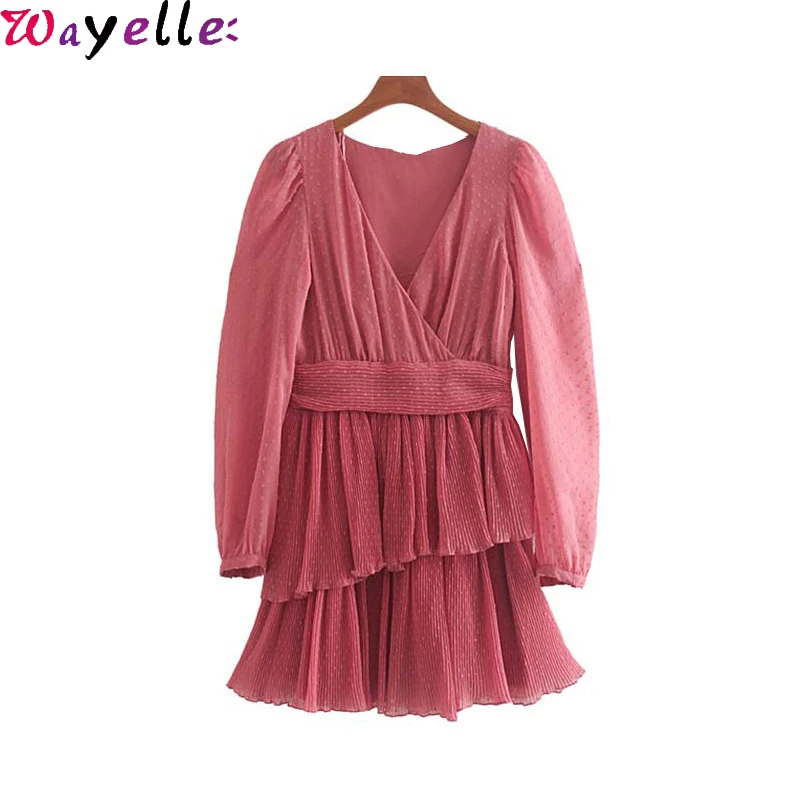 

Vintage Elegant Ruffled Dotted Chiffon Dress Women 2019 Fashion V Neck Wrap Long Sleeve Side Ladies Sweet Dresses Vestidos Mujer