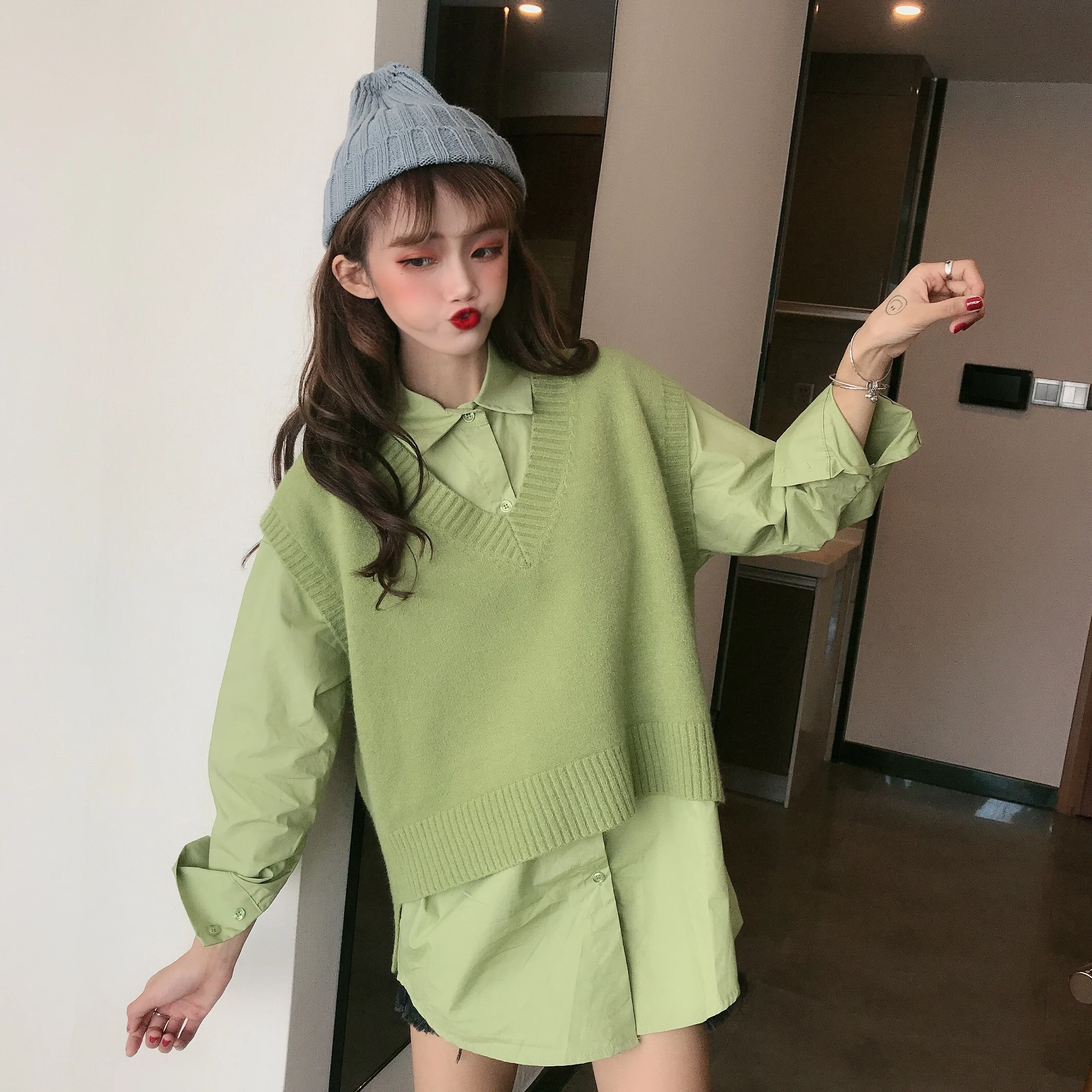 Harajuku Lazy Wind, женские свитера, Осенние, свободные, корейский стиль, нестандартный v-образный вырез, Женский Однотонный свитер, жилет, Chaleco sueter