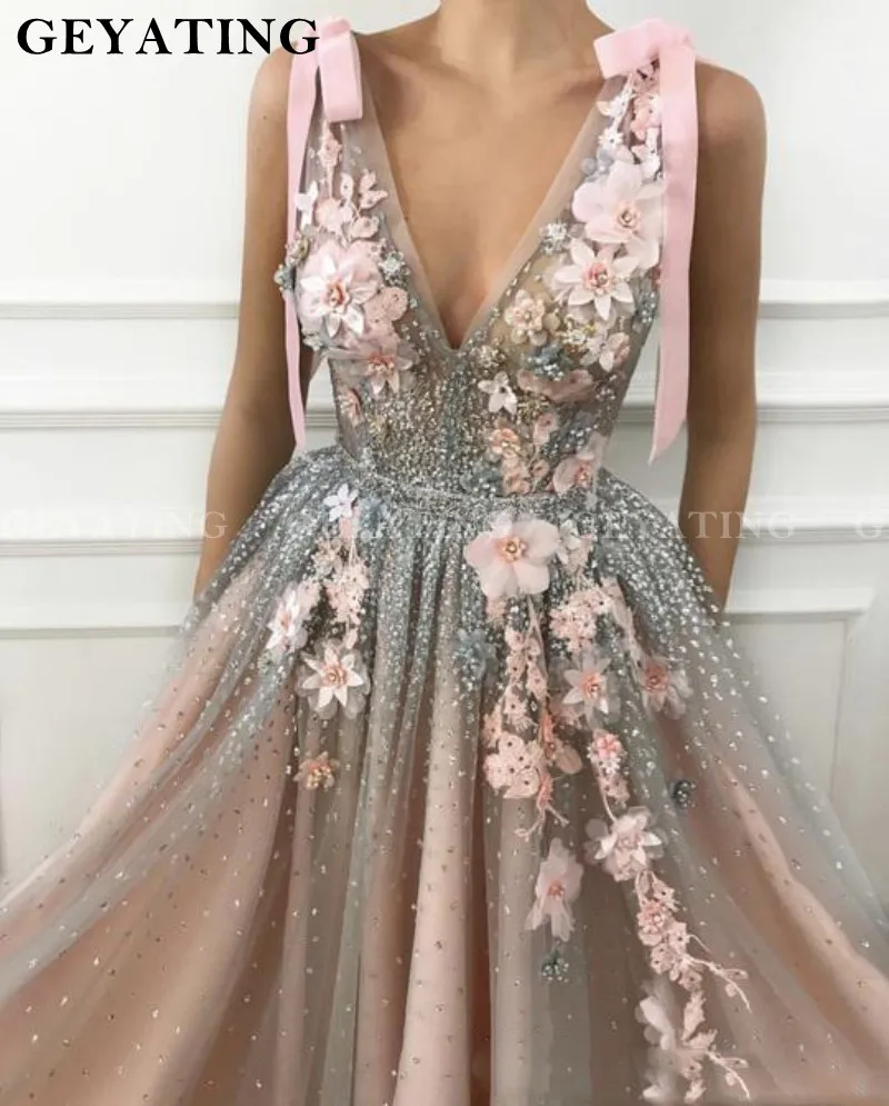 Сверкающее блестящее платье для выпускного с пайетками 3D Цветочные Цветы Глубокий v-образный вырез торжественное вечернее платье Длинные вечерние платья с кристаллами и бисером