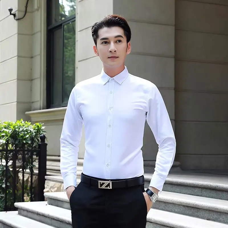 Camisa Masculina, мужские повседневные рубашки, модная Однотонная рубашка с длинным рукавом, приталенные деловые рубашки, Мужская одежда, мужские смокинги