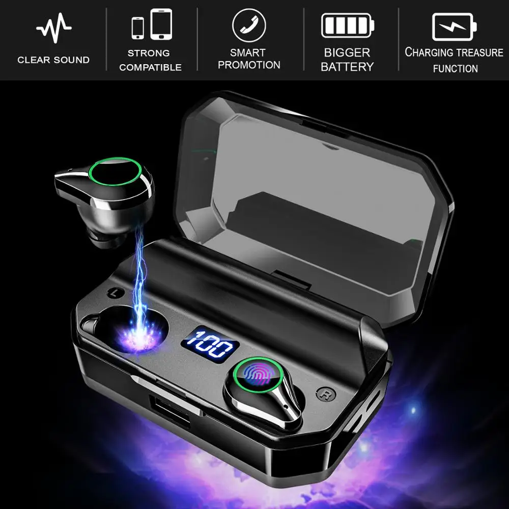 JEELOCK Bluetooth 5.0 Wireless Earphone 9D Stereo Sound Touch Control IPX7 Waterproof with 7000mAh LED Smart Power Charging Box