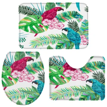 

3 Pieces Bathroom Set Tropical Plant Palm Leaf Parrot Flower Bath Set Toilet Cover Mat Pedestal Rug Non-Slip Bathroom Rug Set