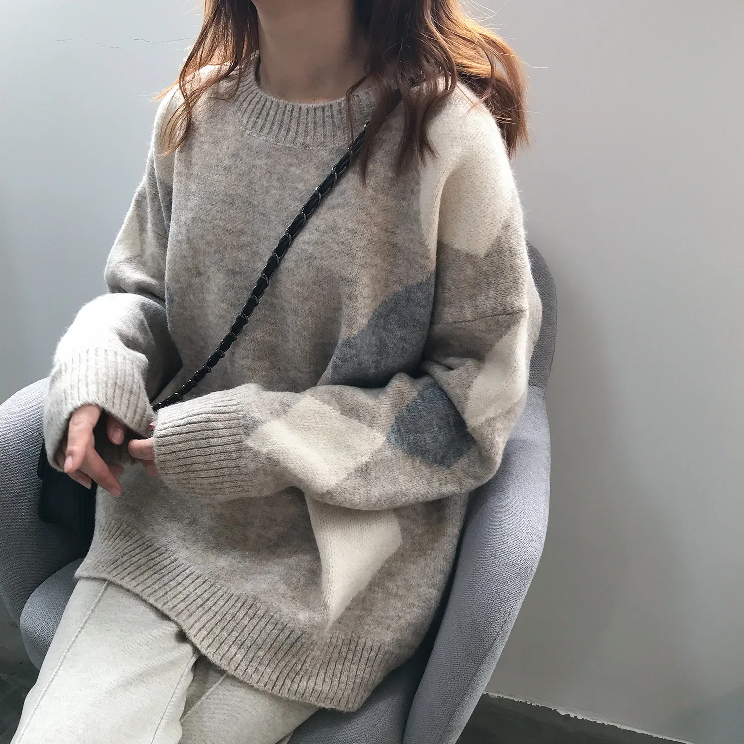 Johnature Women Pullover Sweaters Korean Style Argyle Autumn New Long Sleeve Warm Patchwork Women Fall Casual Sweaters