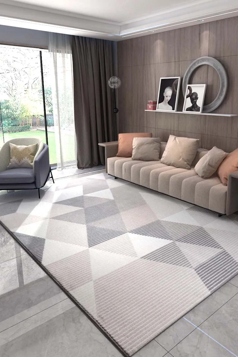 

The geometric pattern of the sofa carpet in the living room the bedroom uses a Nordic style short wool braided bedside blanket