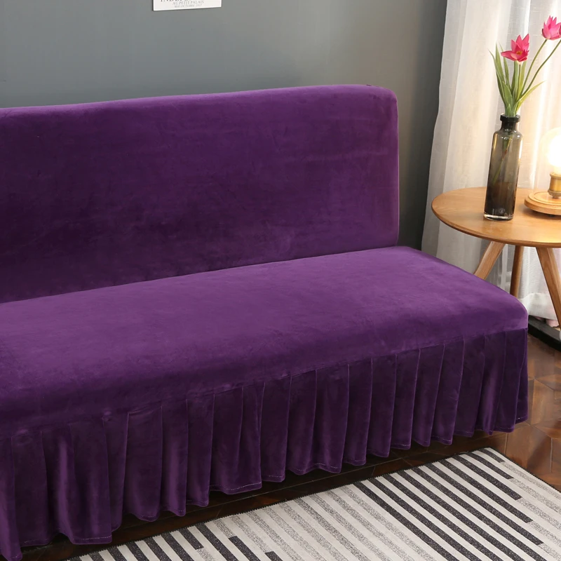Elastic Plush Fabric Armless Sofa Bed Cover Purple Solid Color Slipcover Stretch Cover Cheap Couch Protector Elastic Bench Cover