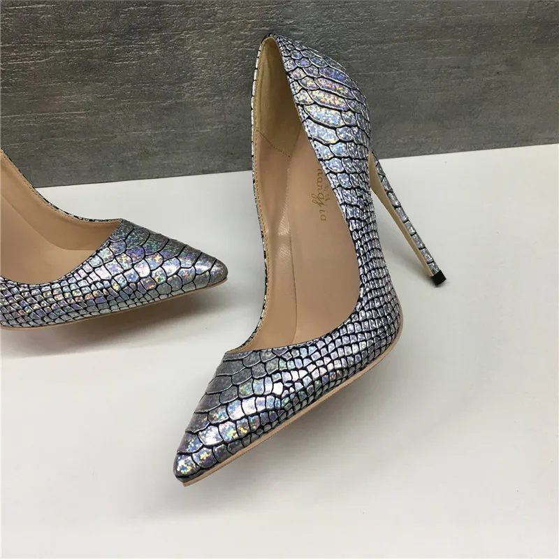 

Brand fashion new pointed silver high-heeled exquisite snake pattern elegant single shoes 12cm high heel ladies party shoes