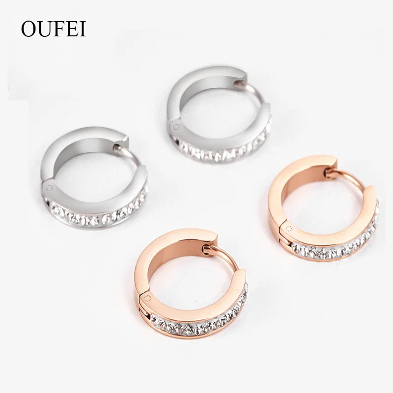 

OUFEI Hoop Earrings For Women Rose Gold Round Crystal Earrings Cute Fashion Stainless Steel Earrings Luxury Korean Jewelry