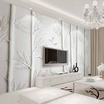 

Custom Wallpaper 3D Stereoscopic Embossed Bamboo Flying Bird White Plaster Modern Art Mural Wall Painting Living Room Decoration