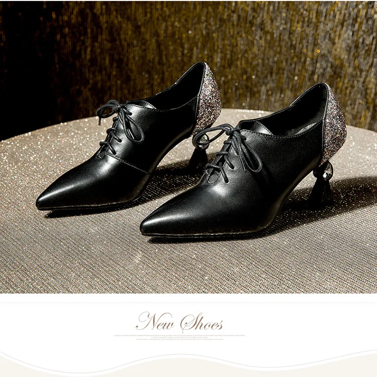 

Spring And Autumn Deep-mouth Thin Shoes Women's yi xing gen Pointed-Toe Lace-up Simple Versatile WOMEN'S Shoes Man-made Diamond