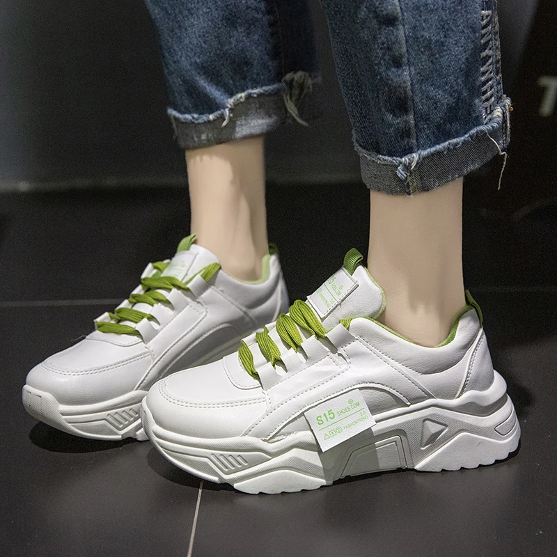 INS Ulzzang/женские кроссовки на платформе; Модные женские кроссовки на массивном каблуке 5 см; коллекция года; сезон весна; женская кожаная прогулочная повседневная обувь