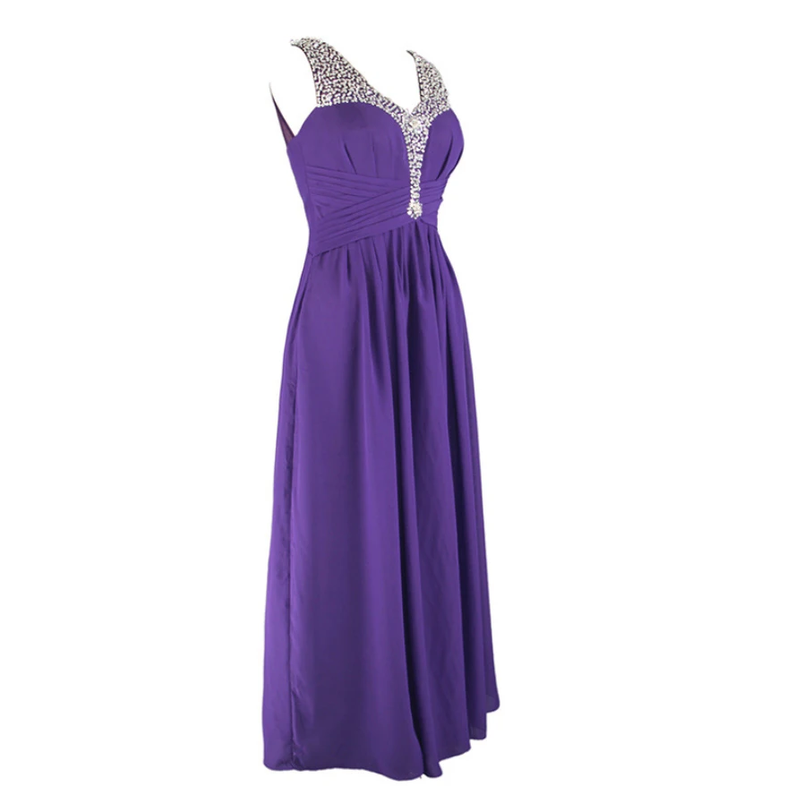 Фиолетовый Vestido madrinha, сексуальное шифоновое платье трапециевидной формы с v-образным вырезом, украшенное бисером, цвета: зеленый, синий, розовый, фиолетовый, желтый, длинное платье подружки невесты для свадебной вечеринки - Цвет: Фиолетовый