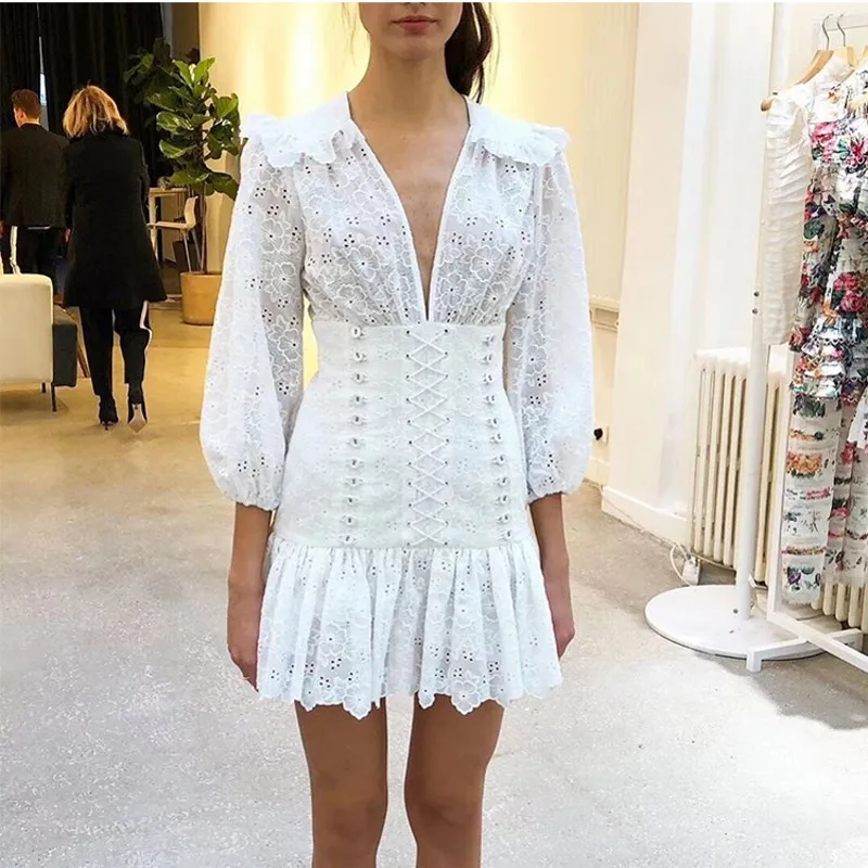 

2019 New Runway Self Portrait Women Sexy V-Neck Puff Sleeve dress Lace patchwork Mini Elegant vintage Dresses vestidos robe