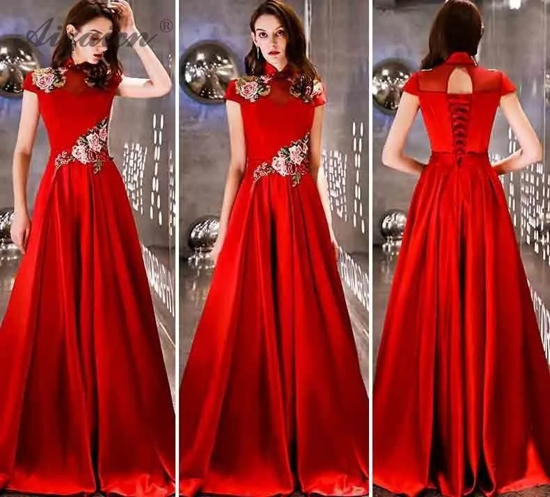 2019 Новые Красные Длинные Cheongsam современные китайские вечерние платья Qi Pao Восточный Стиль Вечерние платья женское китайское платье Qipao