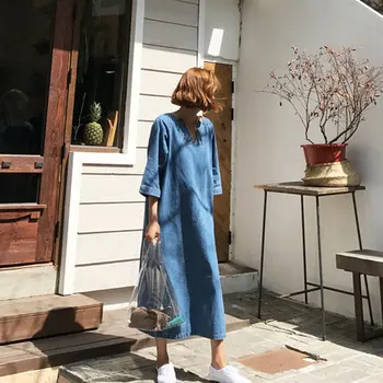 

SuperAen 2020 Autumn Korean-Style Loose Slim Three Quarter Sleeve Solid V-neck Denim Dress Long Base Mid Calf Women Dress