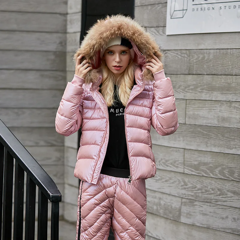 

2019 Winter New Style Korean-style Fashion down Jacket Cotton-padded Clothes Set Slim Fit Cotton-padded Clothes Trousers Women's