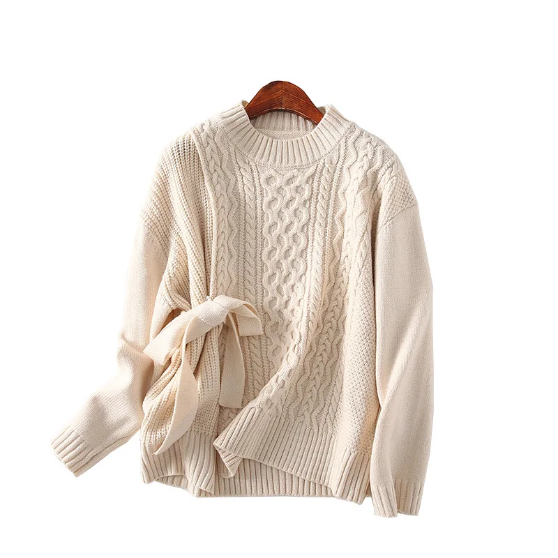 

A Generation of Cable Knitting Crew Neck Lace-up Sweater Elastic Waist A- line Pleated Skirt Two-Piece Set Entity