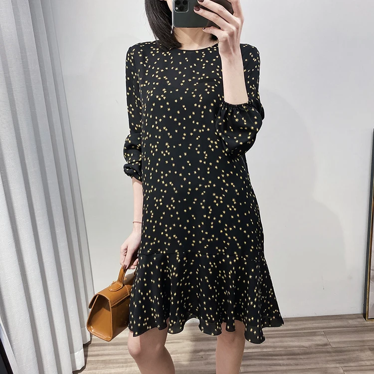 

2020 New Stars Print Women Silk Mini Dress Lady Casual Long Sleeve Loose Two-piece Dress