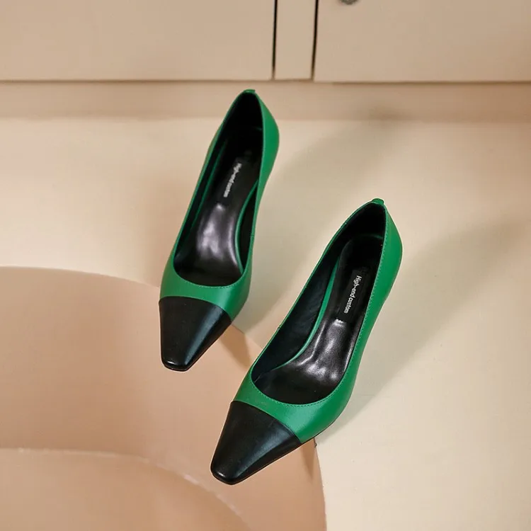 

Inside And Pure Leather New Style Fashion Genuine Leather Pointed-Toe Women's Thin Heeled Semi-high Heeled Sequin Low-Cut Low To