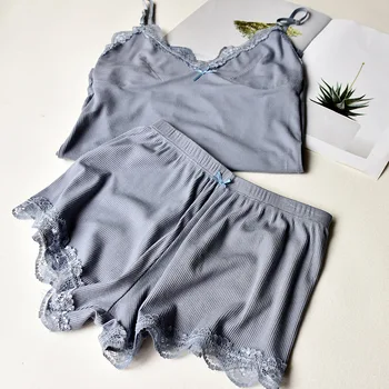 

Summer Cotton Night Suits For Women Pajamas Sets Lace Sleepwear Cute Sexy blue sleep tops Pajamas Sexy Camis And Shorts Set Pink