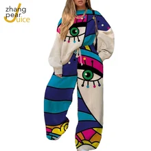 Ensemble deux pièces pour femmes, Streetwear, col rond, manches longues, pull décontracté imprimé, haut et pantalon