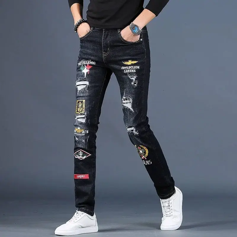 

Korea Version Men’s Noble Black Jeans,High Quality Ripped Slim Stretch Jeans,Light Luxury Embroidery Jeans, Sexy Street Jeans;