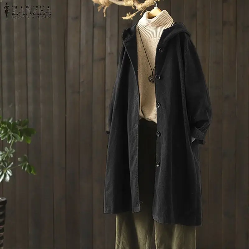 

ZANZEA Women Winter Autumn Coats Plus Size Harajuku Corduroy Jackets Female Hoodies Long Sleeve Overcoats Outwear Vintage Tops