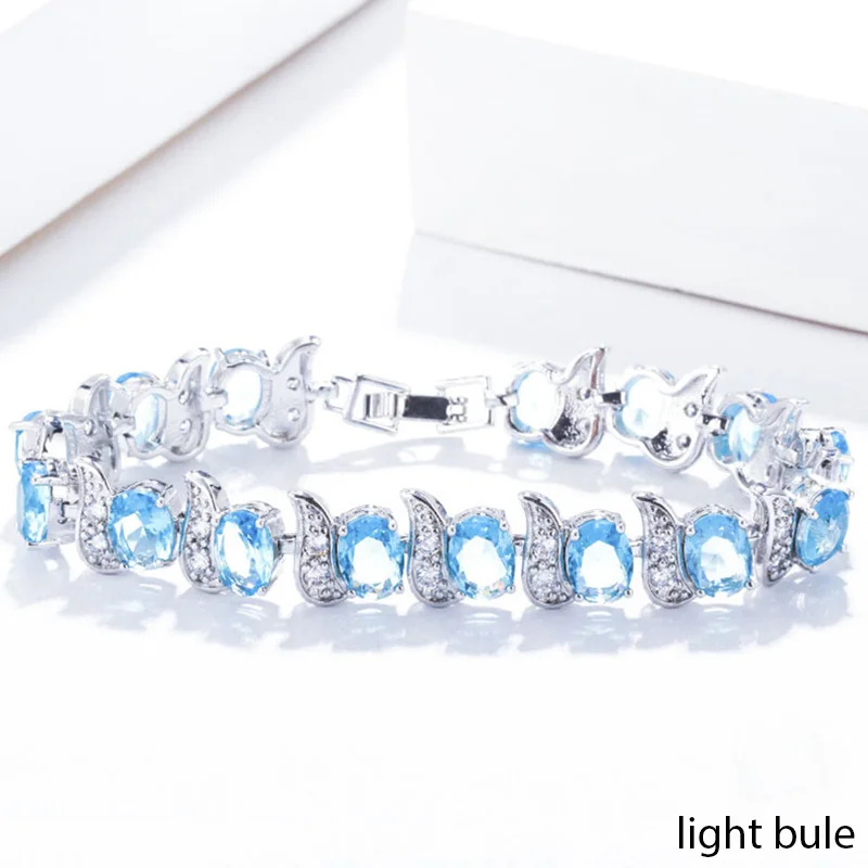 light blue Пера Европейский дизайн натуральный голубой кубический циркон хрусталь белый камень 925 пробы Серебряные ювелирные изделия Большой, браслеты с брелоками для женщин, B079 - Окраска металла: light blue