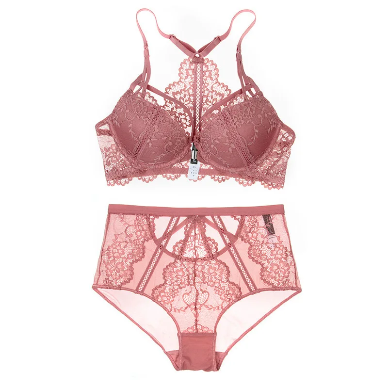 purple pink Floral Lace Front Closure Backless Push Up Bra Set Medium Padded Sexy Lace Mesh High-waist Panties Underwear Women Lingerie - Цвет: purple pink