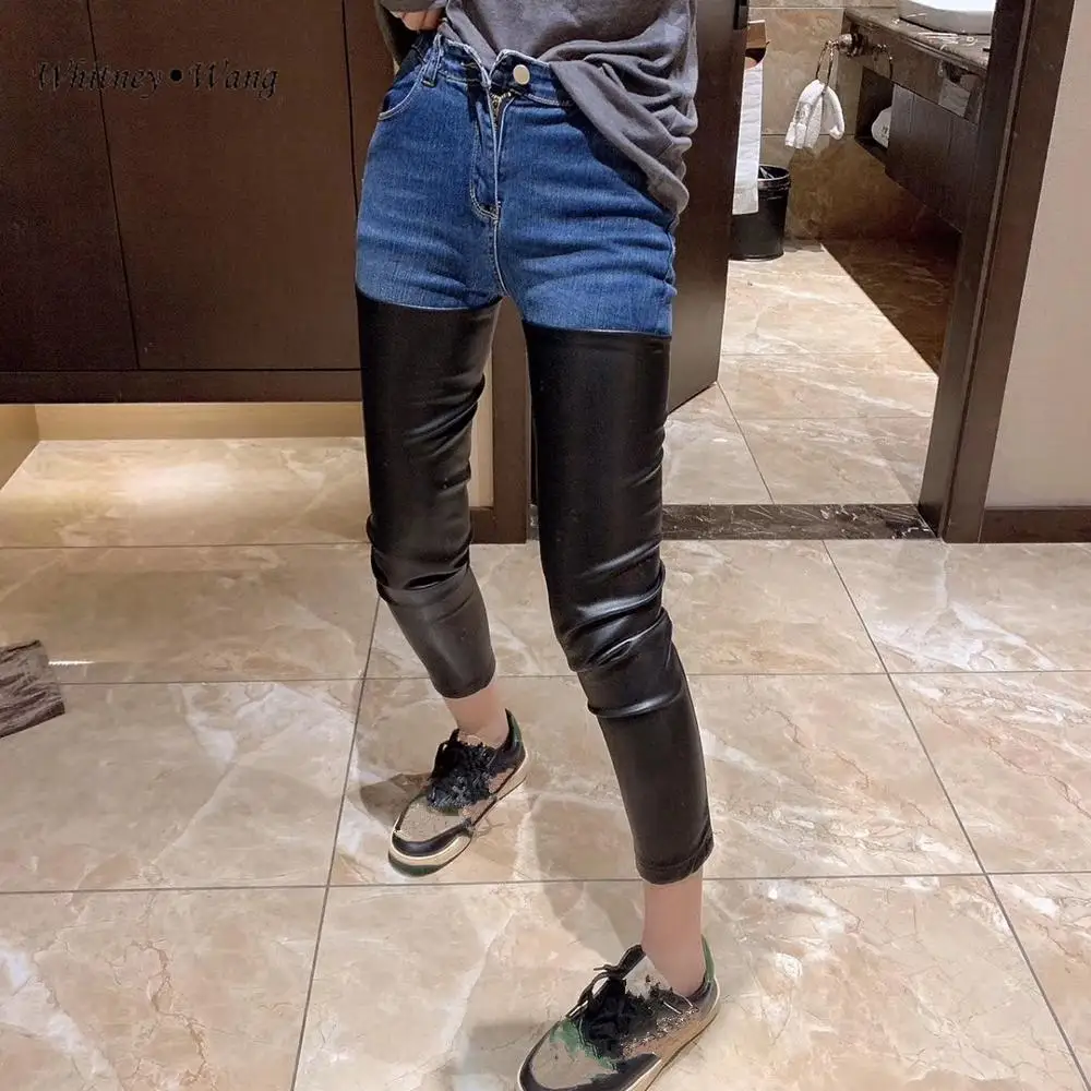 WHITNEY WANG Jeans Autumn Fashion Streetwear PU Patchwork Skinny Jeans Women Denim Pencil Pants
