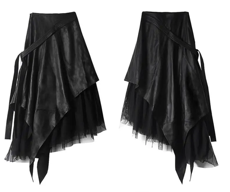 Женская подиумная Мода Осень Зима Высокая талия искусственная кожа Лоскутная черная сетчатая юбка женская шикарная сексуальная Длинная юбка А-силуэта TB177